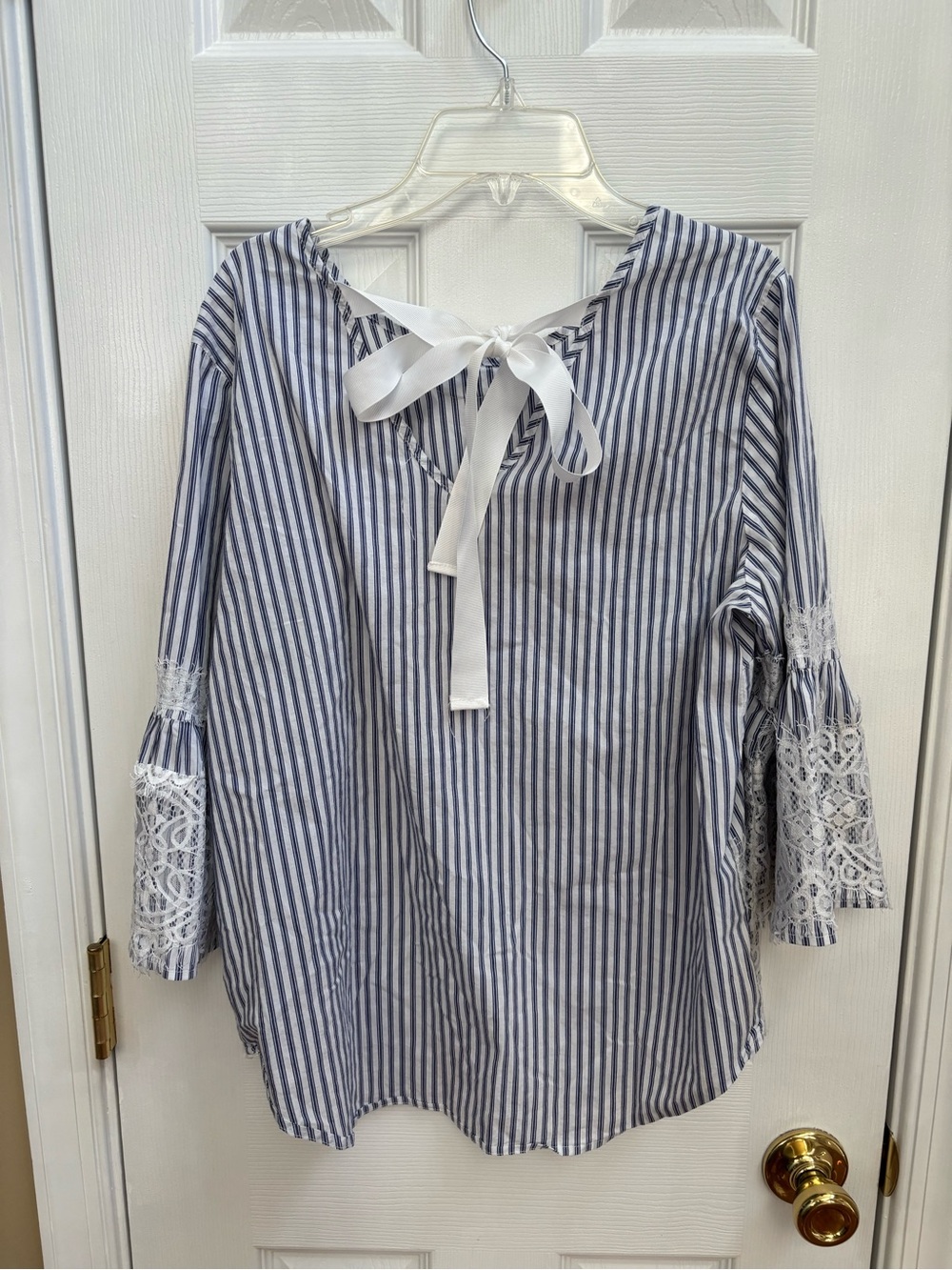 Woman’s Light Blue Striped Lace-Trim Top w/ Back Tie, Size S, EUC - Picture 3 of 5